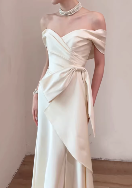 Elegant Cream Off-the-Shoulder Satin Mermaid Wedding Dress DP7674