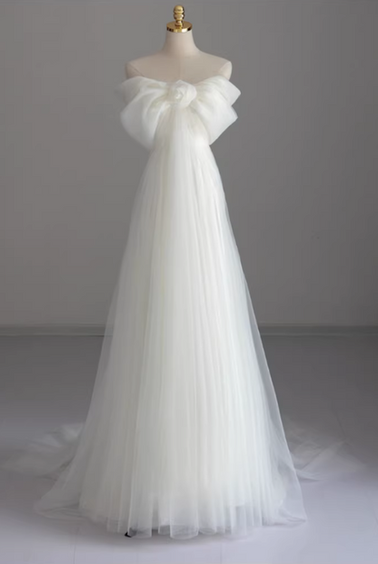 Elegant White Tulle Off-the-Shoulder A-Line Wedding Dress DP7675