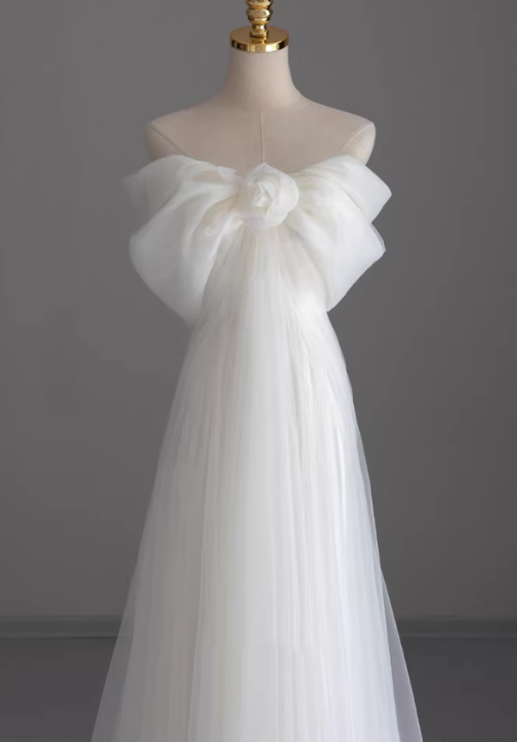 Elegant White Tulle Off-the-Shoulder A-Line Wedding Dress DP7675