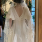 Elegant Vintage Ivory Puff Sleeves Lace Trim Sweeping Train Wedding Dress DP7676