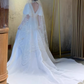 Elegant Vintage Ivory Puff Sleeves Lace Trim Sweeping Train Wedding Dress DP7676
