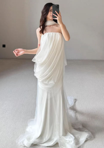 Elegant Ivory Halter Neck Sheer Tulle Ruched Mermaid Wedding Dress DP7677