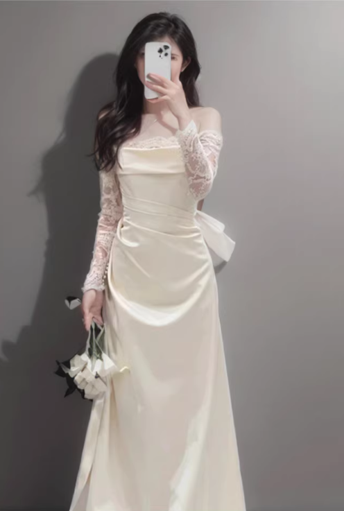 Elegant Ivory Off-the-Shoulder Lace Sleeves Satin Sheath Wedding Dress DP7678