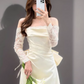 Elegant Ivory Off-the-Shoulder Lace Sleeves Satin Sheath Wedding Dress DP7678