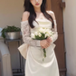 Elegant Ivory Off-the-Shoulder Lace Sleeves Satin Sheath Wedding Dress DP7678