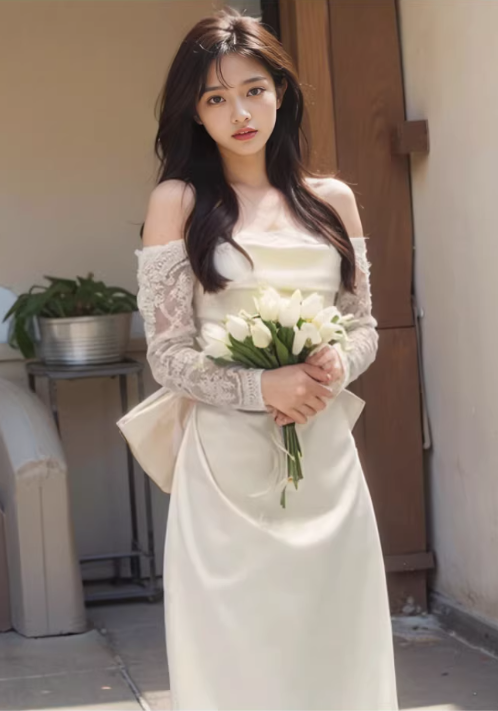 Elegant Ivory Off-the-Shoulder Lace Sleeves Satin Sheath Wedding Dress DP7678