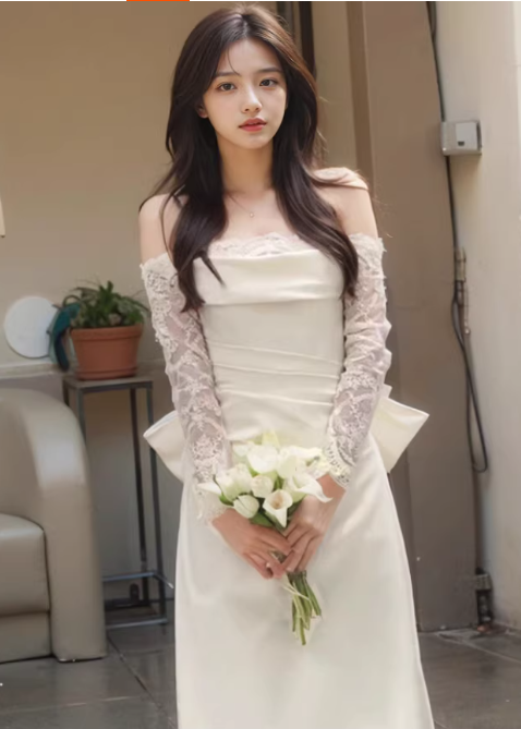 Elegant Ivory Off-the-Shoulder Lace Sleeves Satin Sheath Wedding Dress DP7678