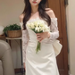 Elegant Ivory Off-the-Shoulder Lace Sleeves Satin Sheath Wedding Dress DP7678