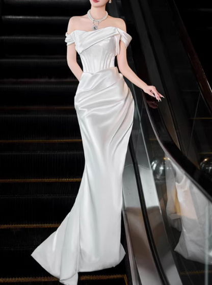Elegant White Satin Off-the-Shoulder Ruched Mermaid Train Wedding Dress DP7679