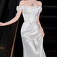 Elegant White Satin Off-the-Shoulder Ruched Mermaid Train Wedding Dress DP7679