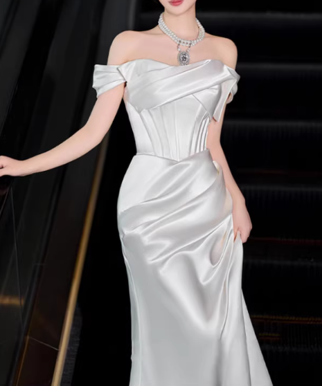 Elegant White Satin Off-the-Shoulder Ruched Mermaid Train Wedding Dress DP7679