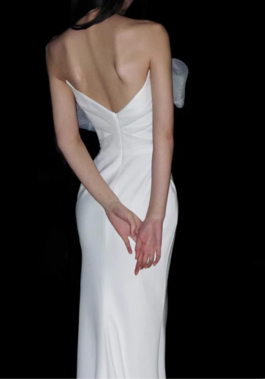 Vintage White Satin Off-the-Shoulder Bow Mermaid Wedding Dress DP7680