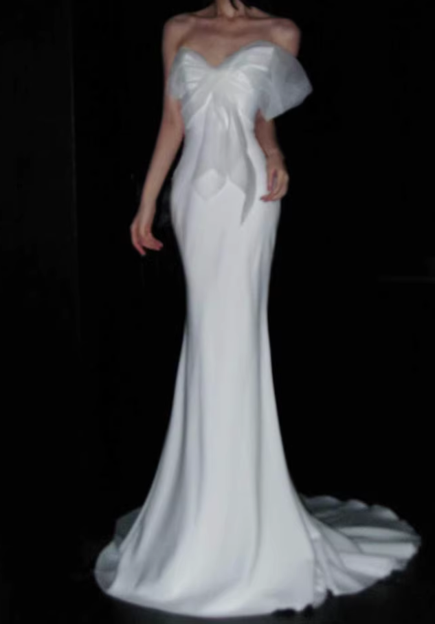 Vintage White Satin Off-the-Shoulder Bow Mermaid Wedding Dress DP7680