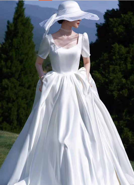 Vintage White Satin Square Neck Short Sleeves A-Line Wedding Dress DP7681