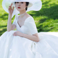 Vintage White Satin Square Neck Short Sleeves A-Line Wedding Dress DP7681