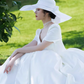 Vintage White Satin Square Neck Short Sleeves A-Line Wedding Dress DP7681