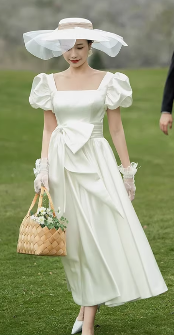 Vintage Ivory Satin Tea-Length Puff Sleeves Oversized Bow Wedding Dress DP7682