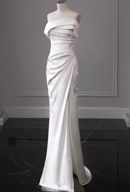 Vintage White Satin Off-the-Shoulder Ruched Mermaid Wedding Dress DP7683