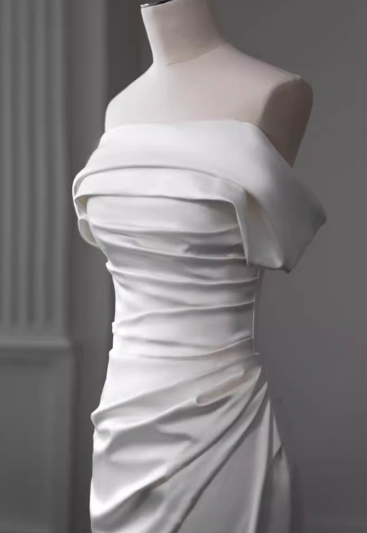 Vintage White Satin Off-the-Shoulder Ruched Mermaid Wedding Dress DP7683