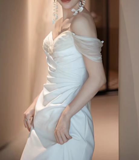 Elegant White Satin Off-the-Shoulder Ruched Mermaid Wedding Dress DP7685