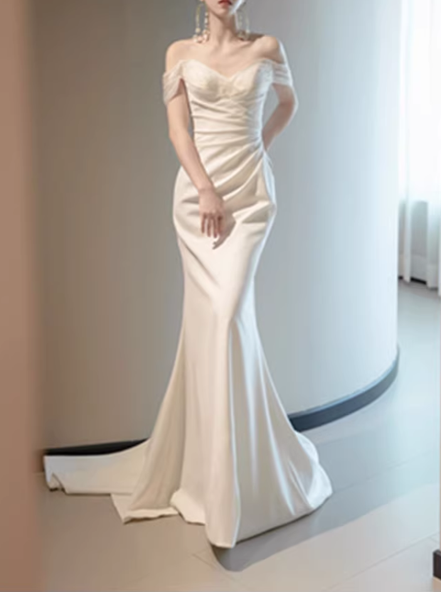 Elegant White Satin Off-the-Shoulder Ruched Mermaid Wedding Dress DP7685