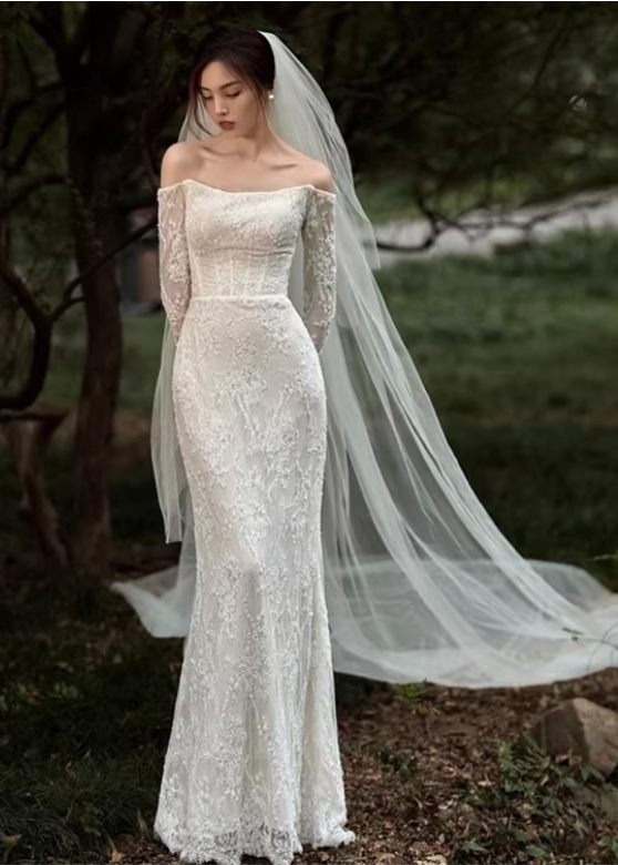 Elegant Ivory Lace Off-Shoulder Mermaid Long-Sleeve with Veil Train Wedding Dress DP7686