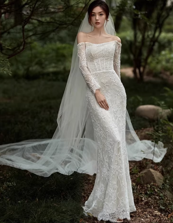 Elegant Ivory Lace Off-Shoulder Mermaid Long-Sleeve with Veil Train Wedding Dress DP7686