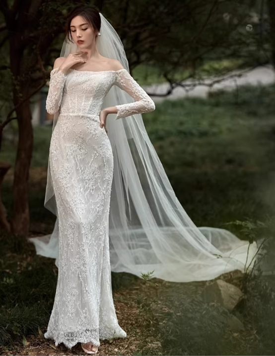 Elegant Ivory Lace Off-Shoulder Mermaid Long-Sleeve with Veil Train Wedding Dress DP7686