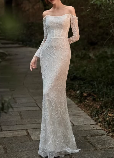 Elegant Ivory Lace Off-Shoulder Mermaid Long-Sleeve with Veil Train Wedding Dress DP7686