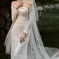 Elegant Ivory Lace Off-Shoulder Mermaid Long-Sleeve with Veil Train Wedding Dress DP7686