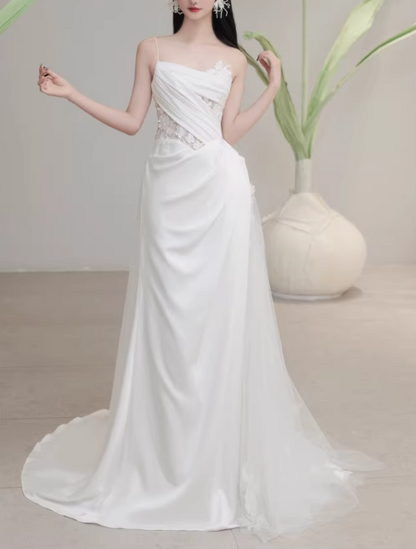 Elegant Ivory Satin Spaghetti Strap Sheath Lace Insert with Train Wedding Dress DP7687