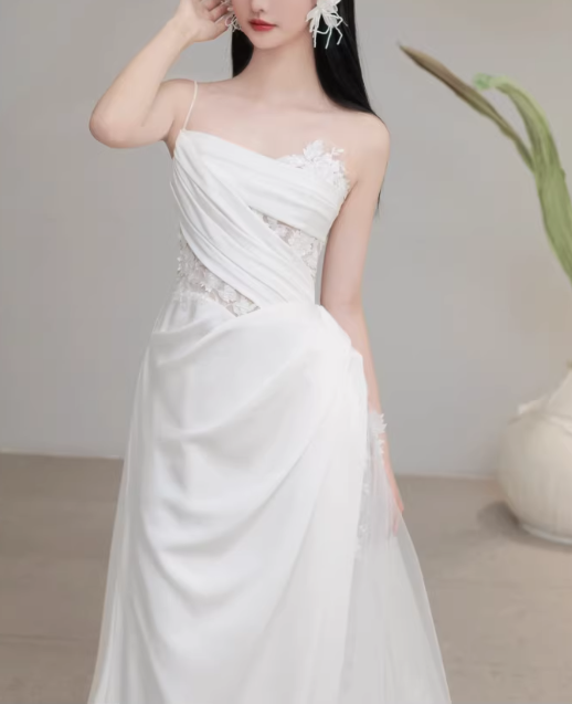 Elegant Ivory Satin Spaghetti Strap Sheath Lace Insert with Train Wedding Dress DP7687