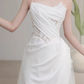 Elegant Ivory Satin Spaghetti Strap Sheath Lace Insert with Train Wedding Dress DP7687