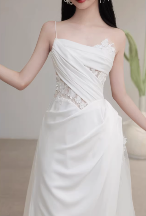 Elegant Ivory Satin Spaghetti Strap Sheath Lace Insert with Train Wedding Dress DP7687