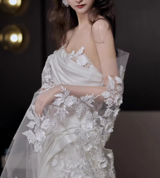 Elegant Satin Strapless Sheath Lace Applique High Slit with Train Wedding Dress DP7688