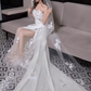 Elegant Satin Strapless Sheath Lace Applique High Slit with Train Wedding Dress DP7688