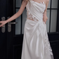 Elegant Satin Strapless Sheath Lace Applique High Slit with Train Wedding Dress DP7688