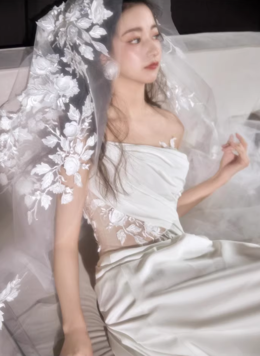 Elegant Satin Strapless Sheath Lace Applique High Slit with Train Wedding Dress DP7688