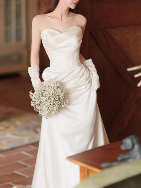 Elegant Satin Strapless Sheath Lace Applique High Slit with Train Wedding Dress DP7689