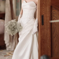 Elegant Satin Strapless Sheath Lace Applique High Slit with Train Wedding Dress DP7689