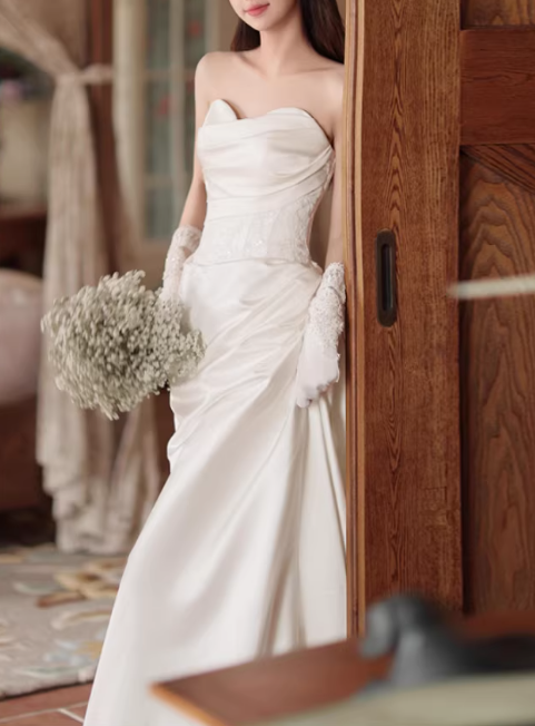 Elegant Satin Strapless Sheath Lace Applique High Slit with Train Wedding Dress DP7689