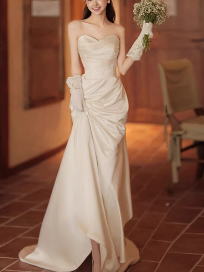 Elegant Satin Strapless Sheath Lace Applique High Slit with Train Wedding Dress DP7689