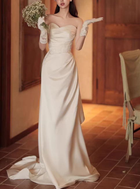 Elegant Satin Strapless Sheath Lace Applique High Slit with Train Wedding Dress DP7689