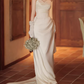 Elegant Satin Strapless Sheath Lace Applique High Slit with Train Wedding Dress DP7689