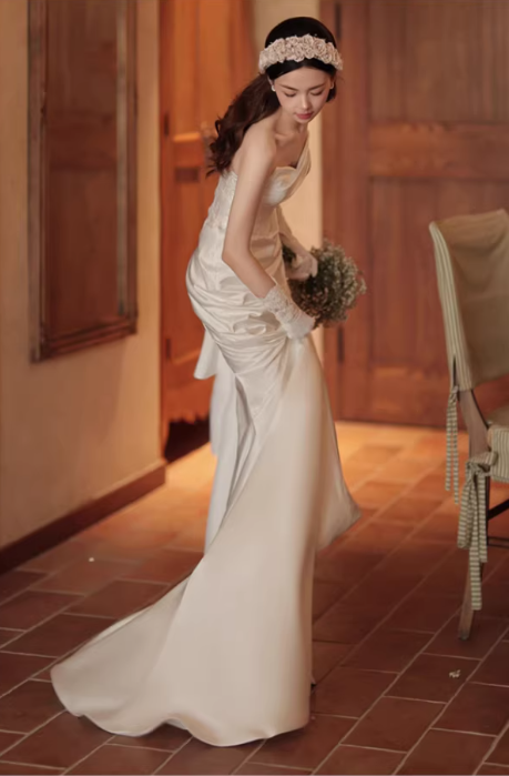 Elegant Satin Strapless Sheath Lace Applique High Slit with Train Wedding Dress DP7689