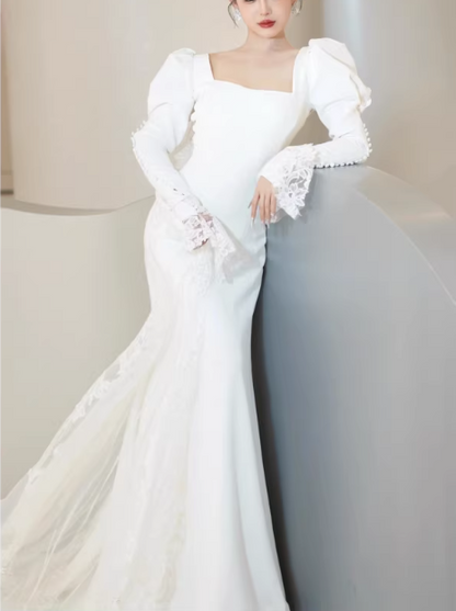 Elegant Lace Puff-Sleeve Mermaid Square Neck Wedding Dress DP7690
