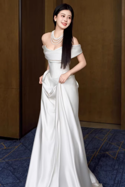 Elegant Satin Off-Shoulder Sheath Ruched Wedding Dress DP7691