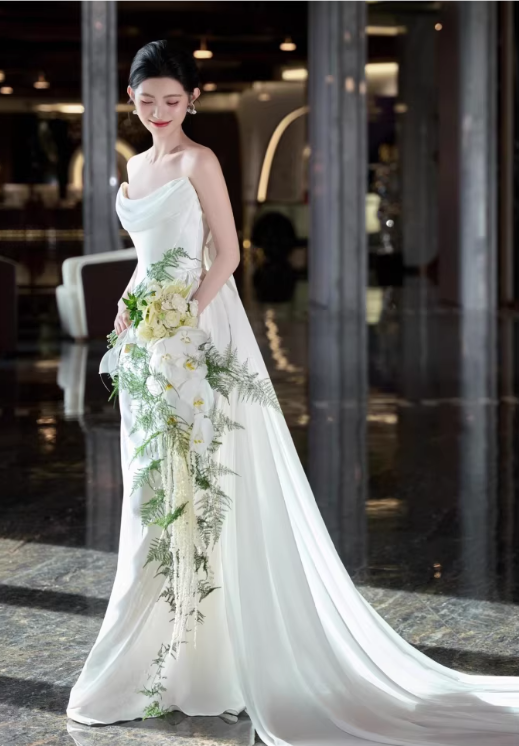 Elegant Satin Strapless A-Line Flowy Long Train Wedding Dress DP7692