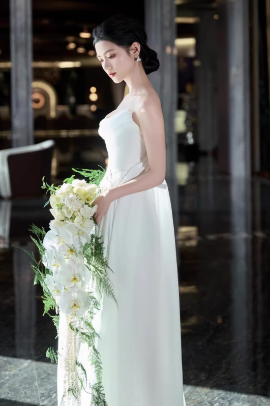 Elegant Satin Strapless A-Line Flowy Long Train Wedding Dress DP7692