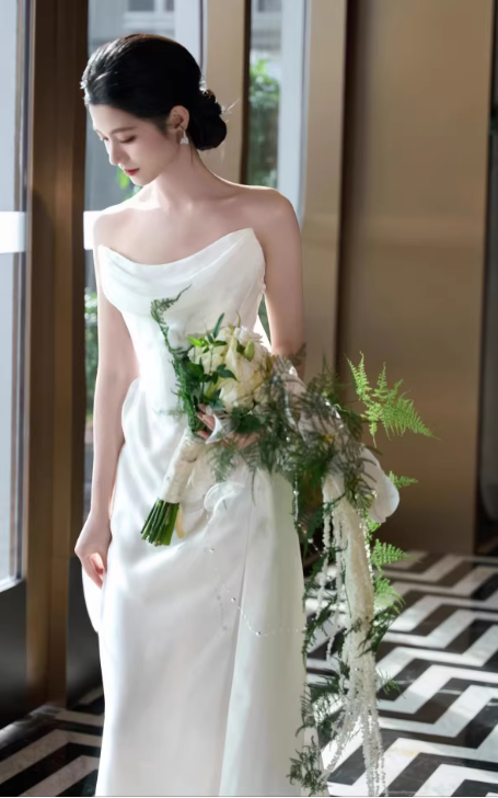 Elegant Satin Strapless A-Line Flowy Long Train Wedding Dress DP7692